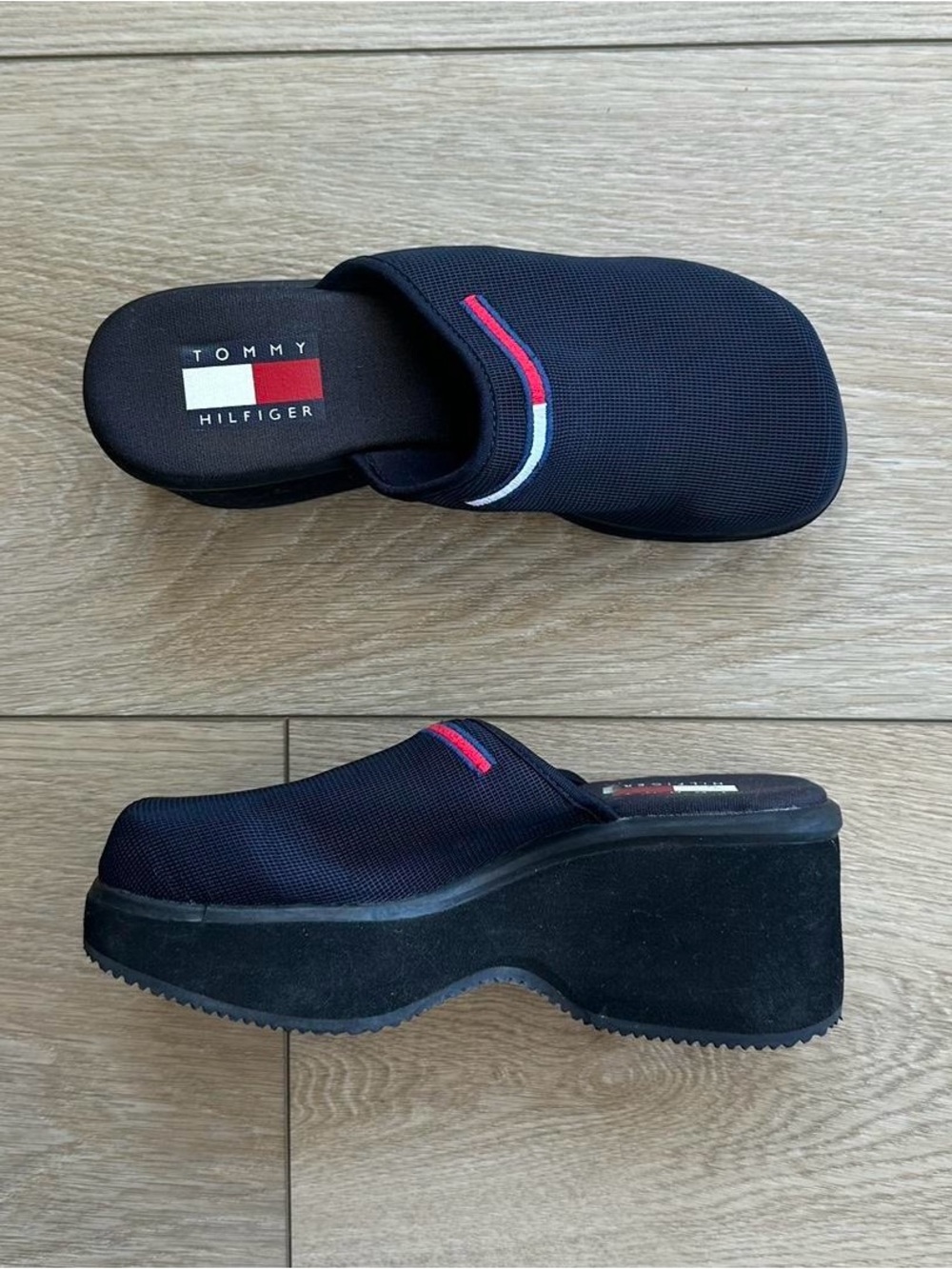 Y2k 90s Vintage Tommy Hilfiger navy knit platform mules with red & white stripe